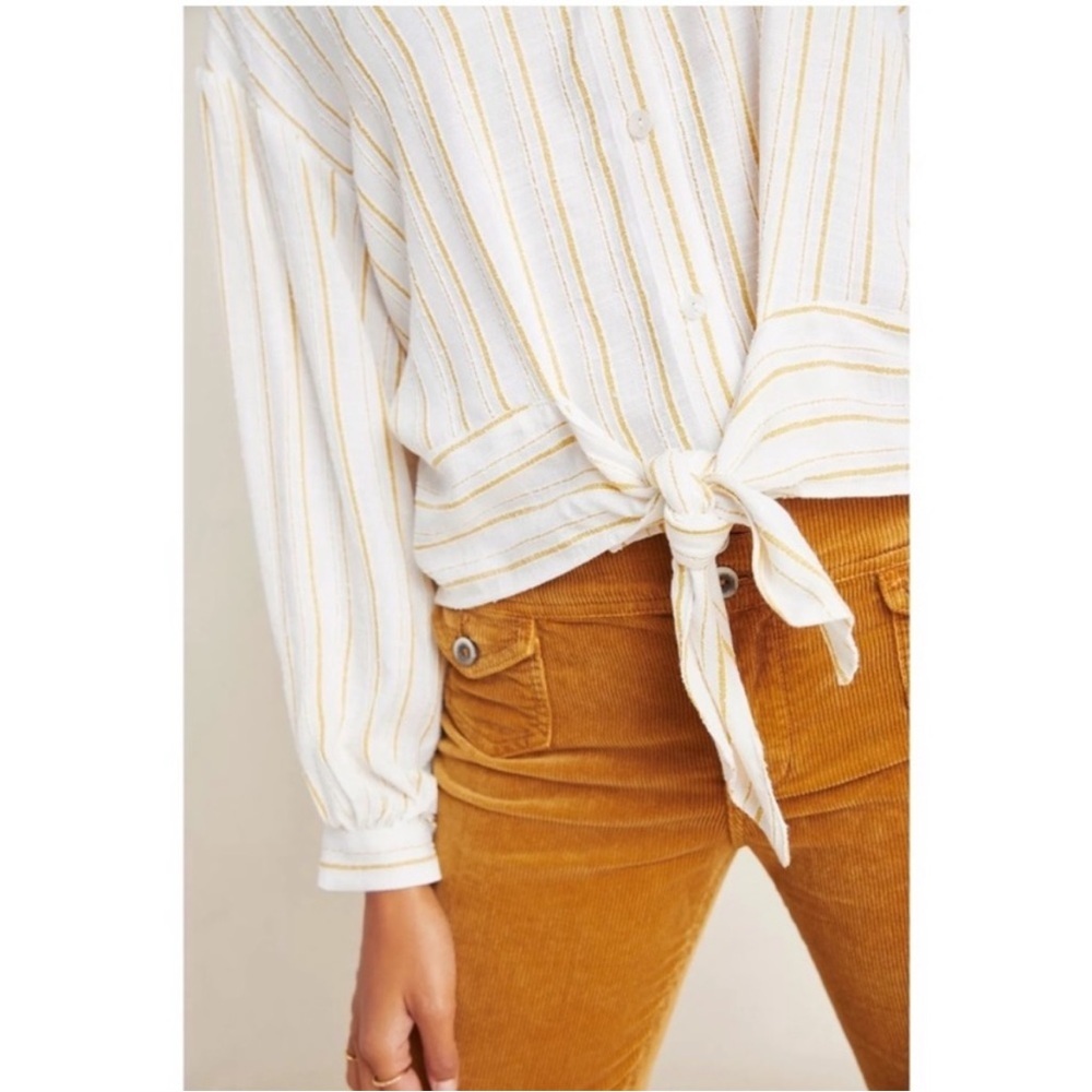 Anthropologie White and Gold Tailor Strip Button Down Long Sleeve Size 14 - Picture 9 of 15